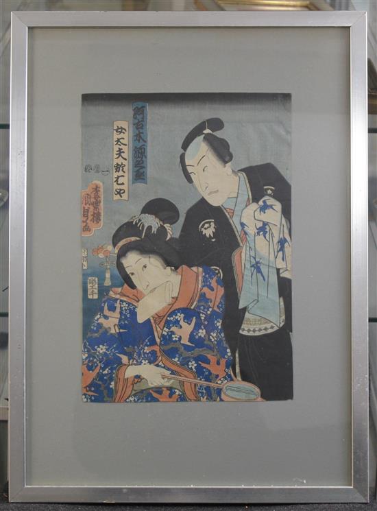 Kunisada / Toyokuni Woman with kimono, Courtesans on a terrace and actors, largest 14 x 9.5in.